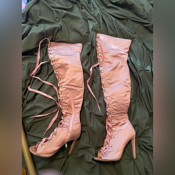 Light Pink Lace-up Stiletto Boots - Picture 1 of 13